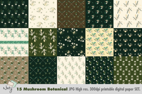 15 Mushroom Botanical Digital Paper SET
