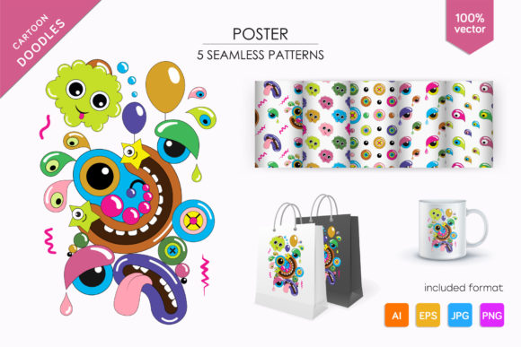 Funny Cartoon Doodles 5 Seamless Patte: A Versatile Design Resource
